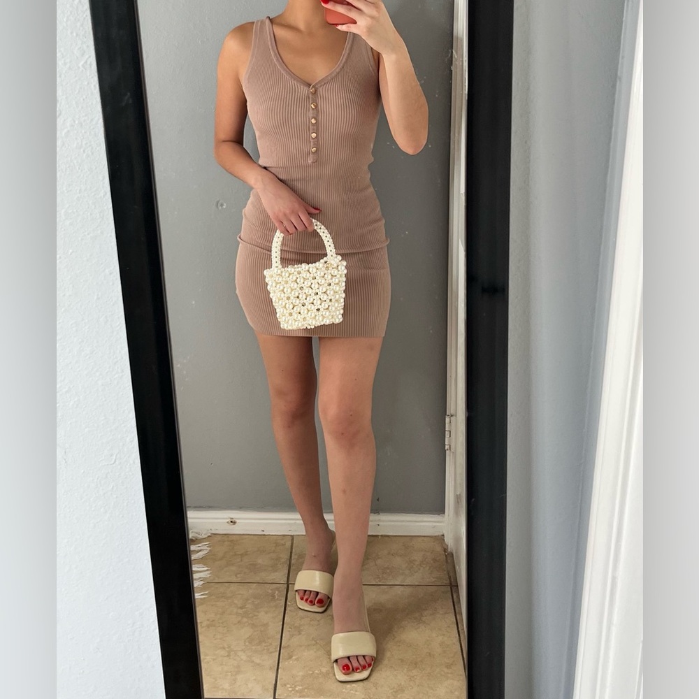 Neutral tank ribbed knit button front bodycon mini dress S | fitted effortless